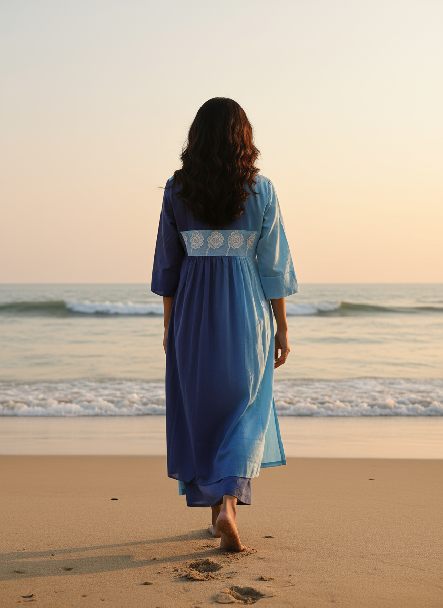 Ombré Cotton Dress with Hand-Painted Kalamkari Yoke