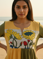 Ombré Cotton Dress with Hand-Painted Kalamkari Yoke