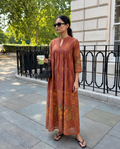 Terracotta Handblock Printed Cotton Dress with Gathered Yoke and Mandarin Neckline