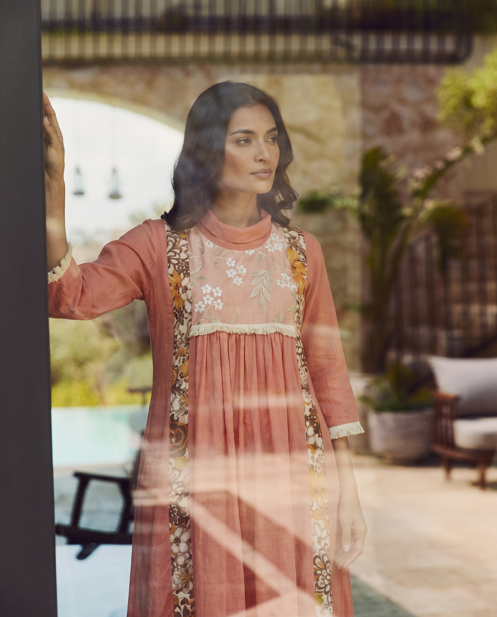 Blush Pink Cotton Dress with Floral Embroidered Yoke, Printed Panels and Fringe Details