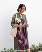 Olive Green Botanical Printed Cotton Dress with Gathered Yoke and Lace Trim Details