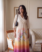 Ivory Ombre Floral Wrap Dress with Watercolour Print and Adjustable Waist Tie