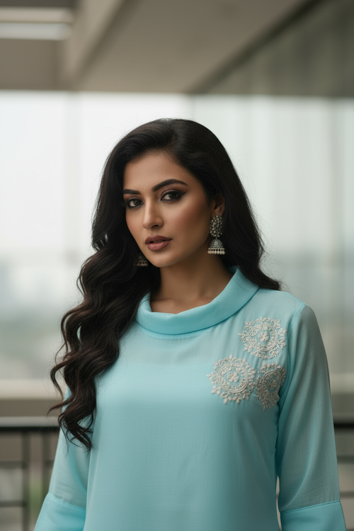 Blue Asymmetrical Kurti with Lace Appliqué