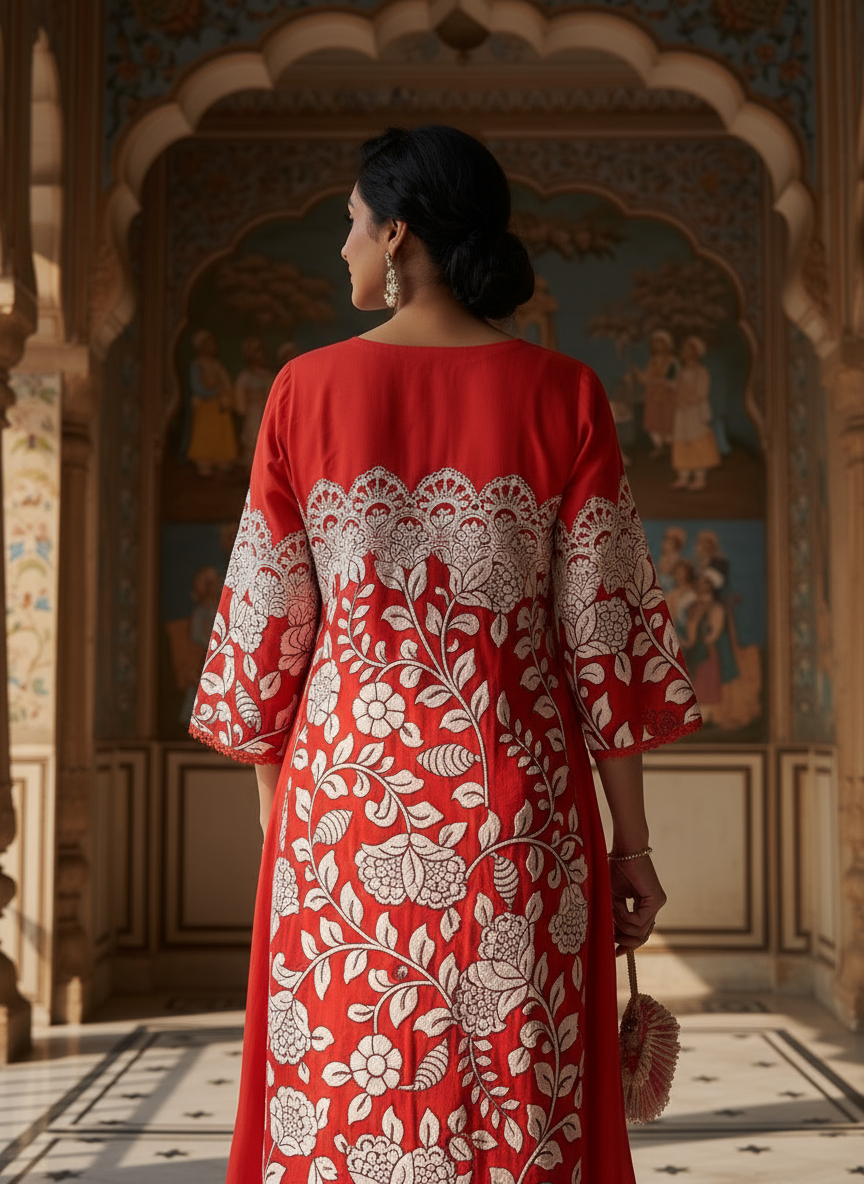 Red Scarlet Blossom Kurti