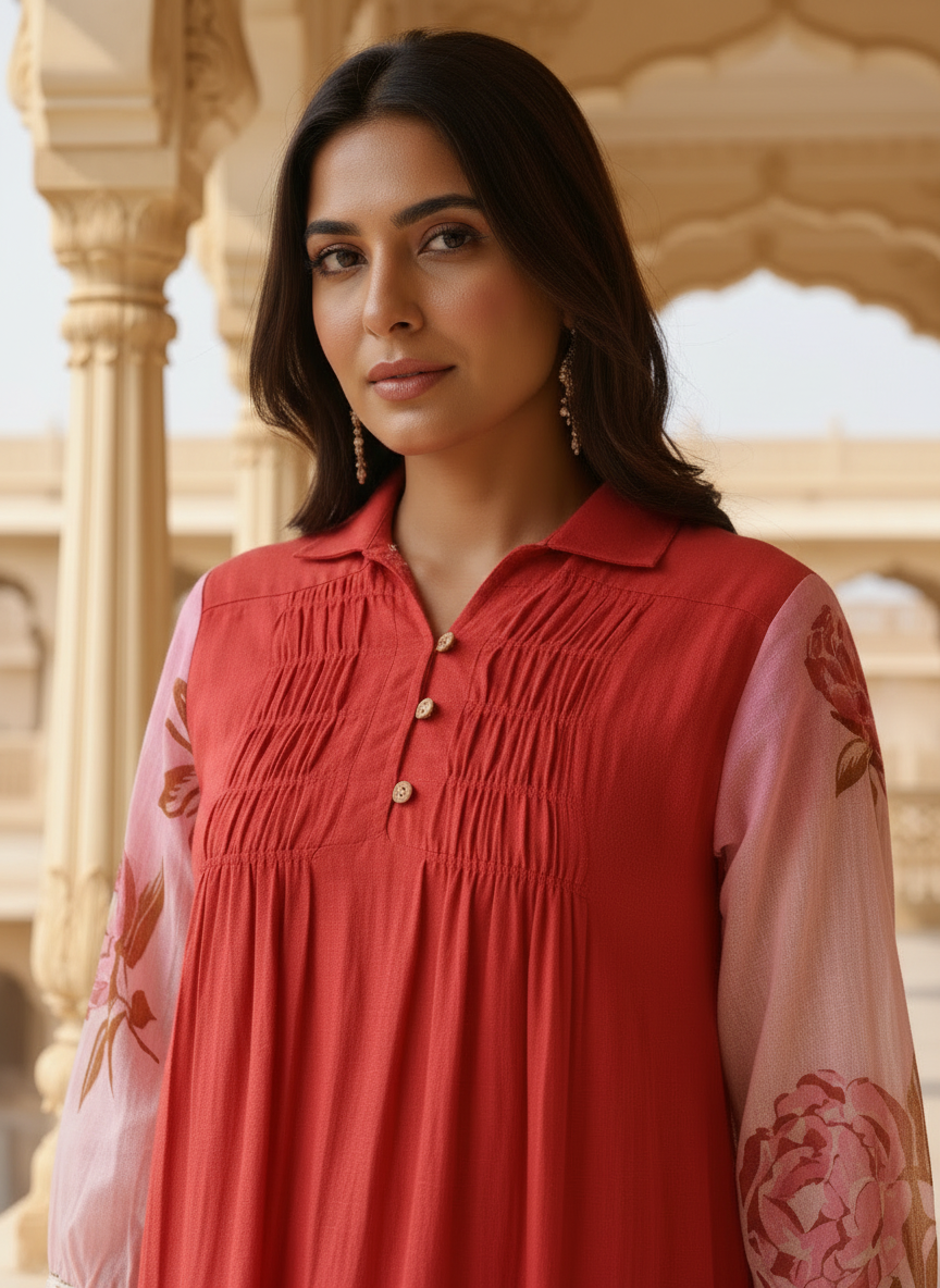 Pink & Red Ombre Rose Print Cotton Dress with Pleated Yoke & Shirt Collar