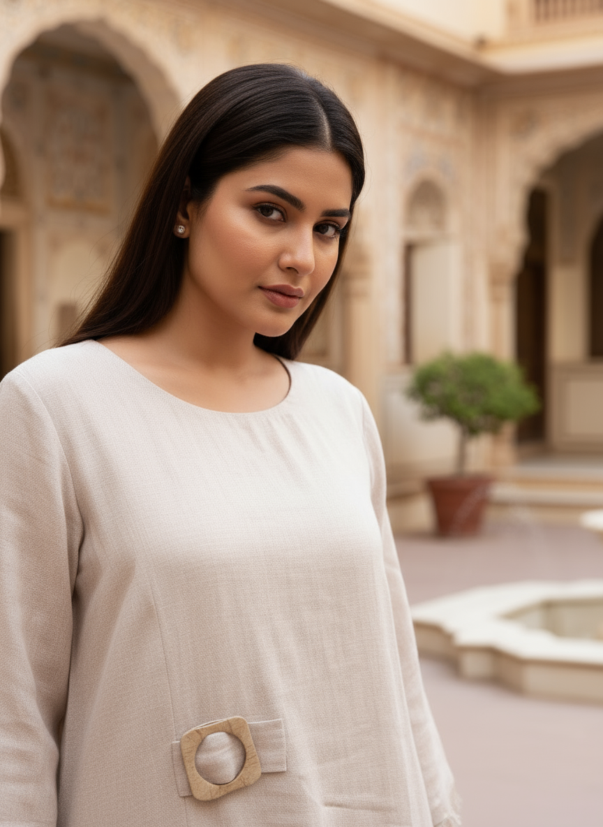 Pure linen beige co-ord set with frayed edges and wooden buckle accents.