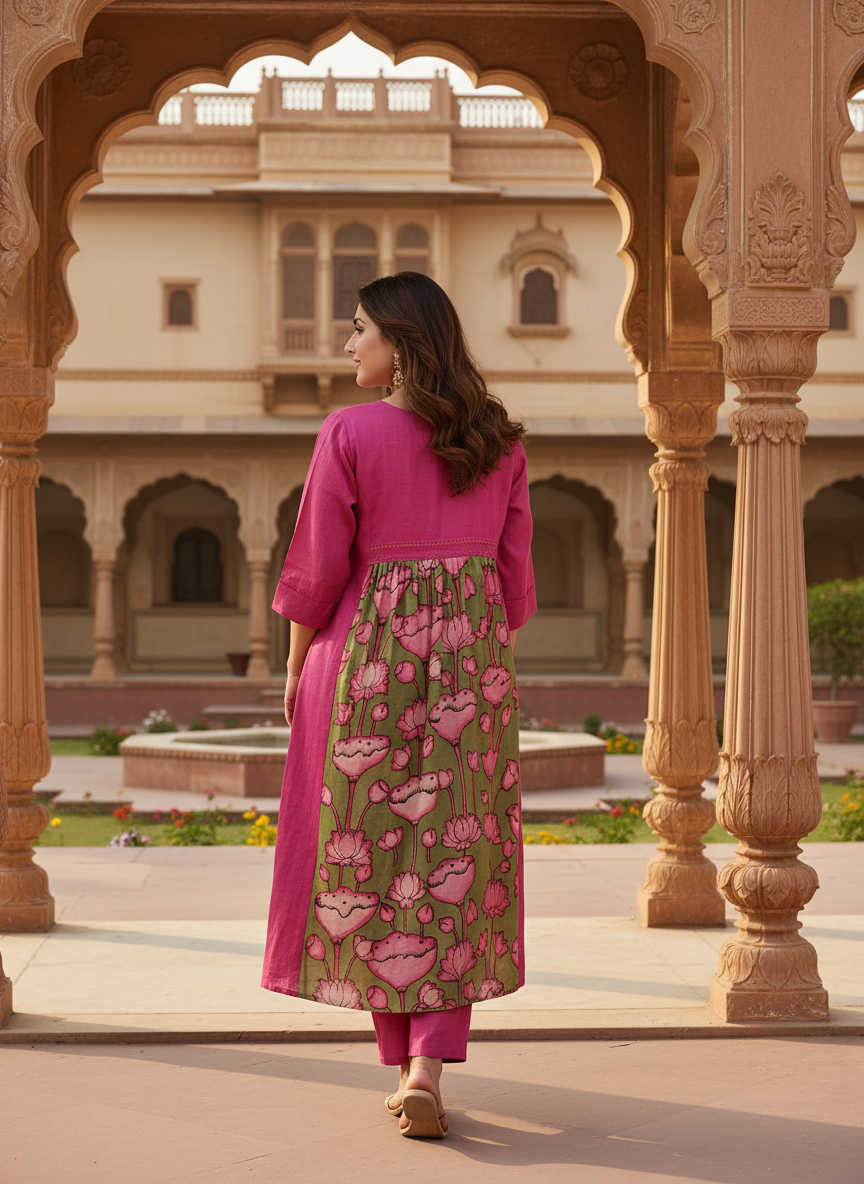 Magenta Dress With Olive Green Kalamkari