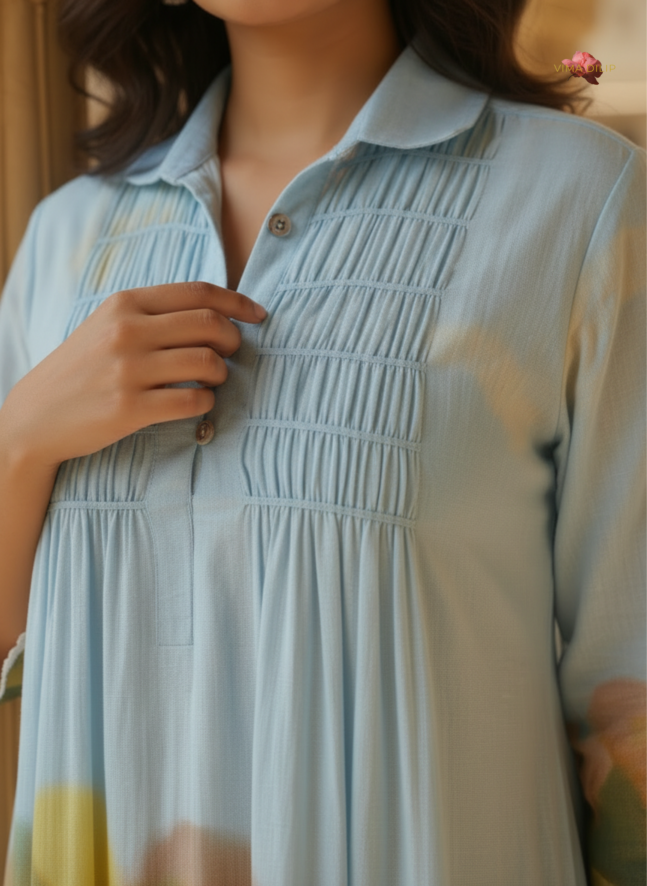 Sky Blue Scenic Print Cotton Dress