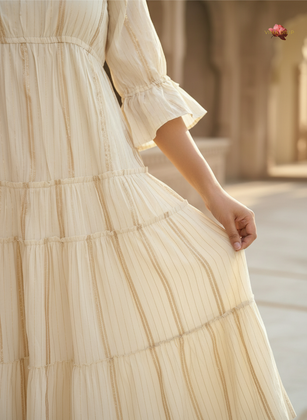 Golden Lined Off-White Layered Dress