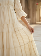 Golden Lined Off-White Layered Dress