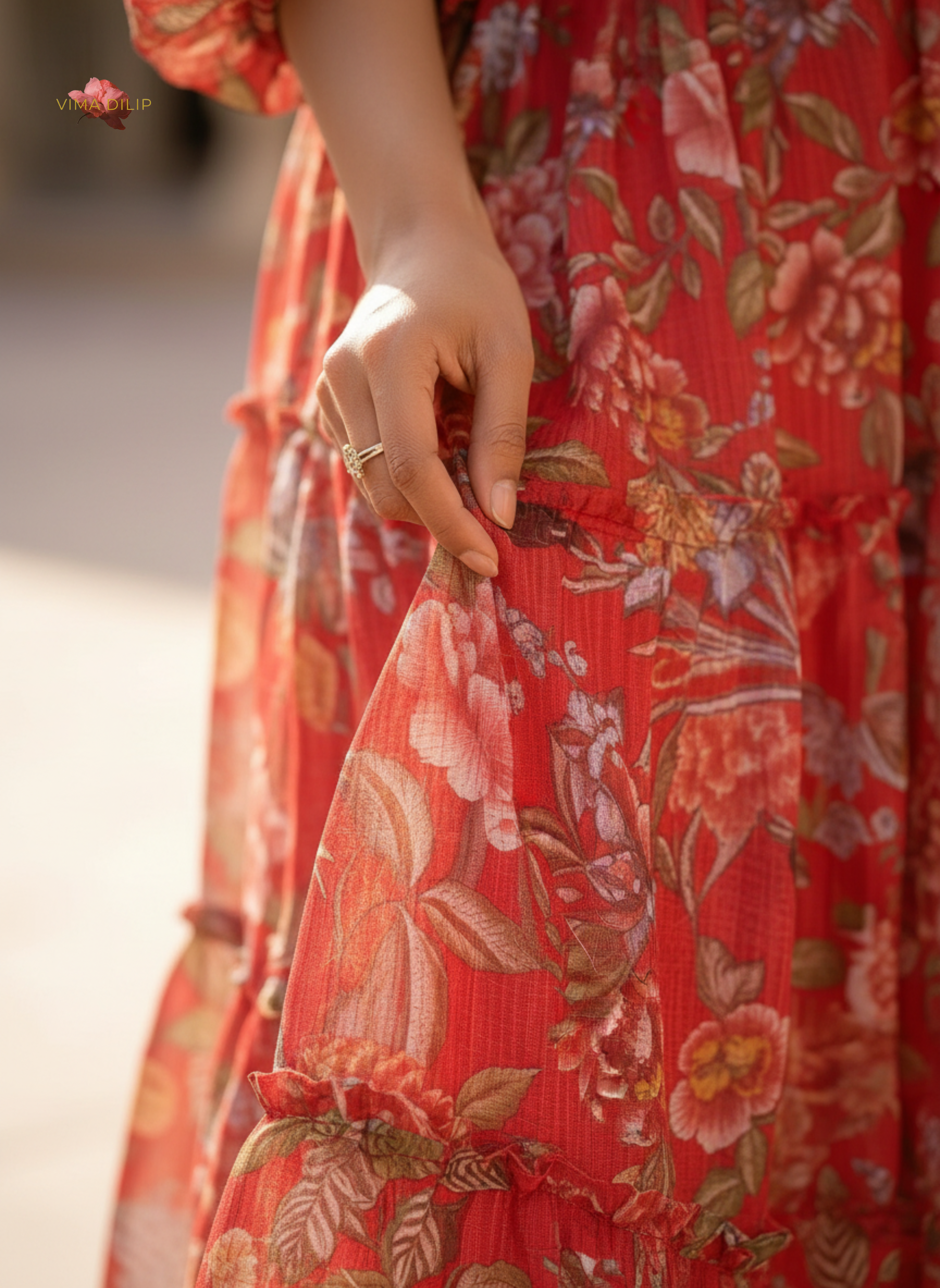 Red Floral Cotton Kota Layered Dress