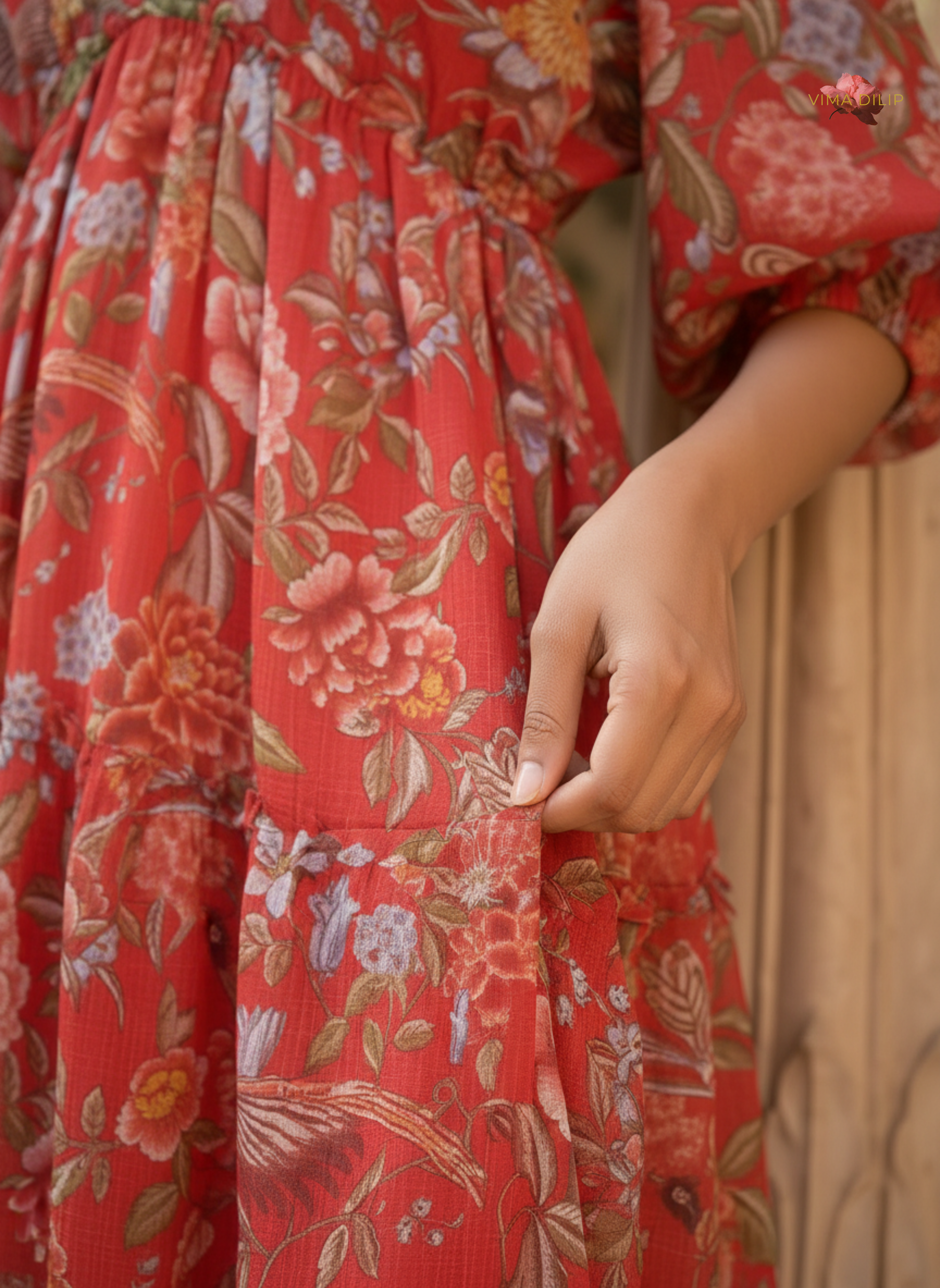 Red Floral Cotton Kota Layered Dress