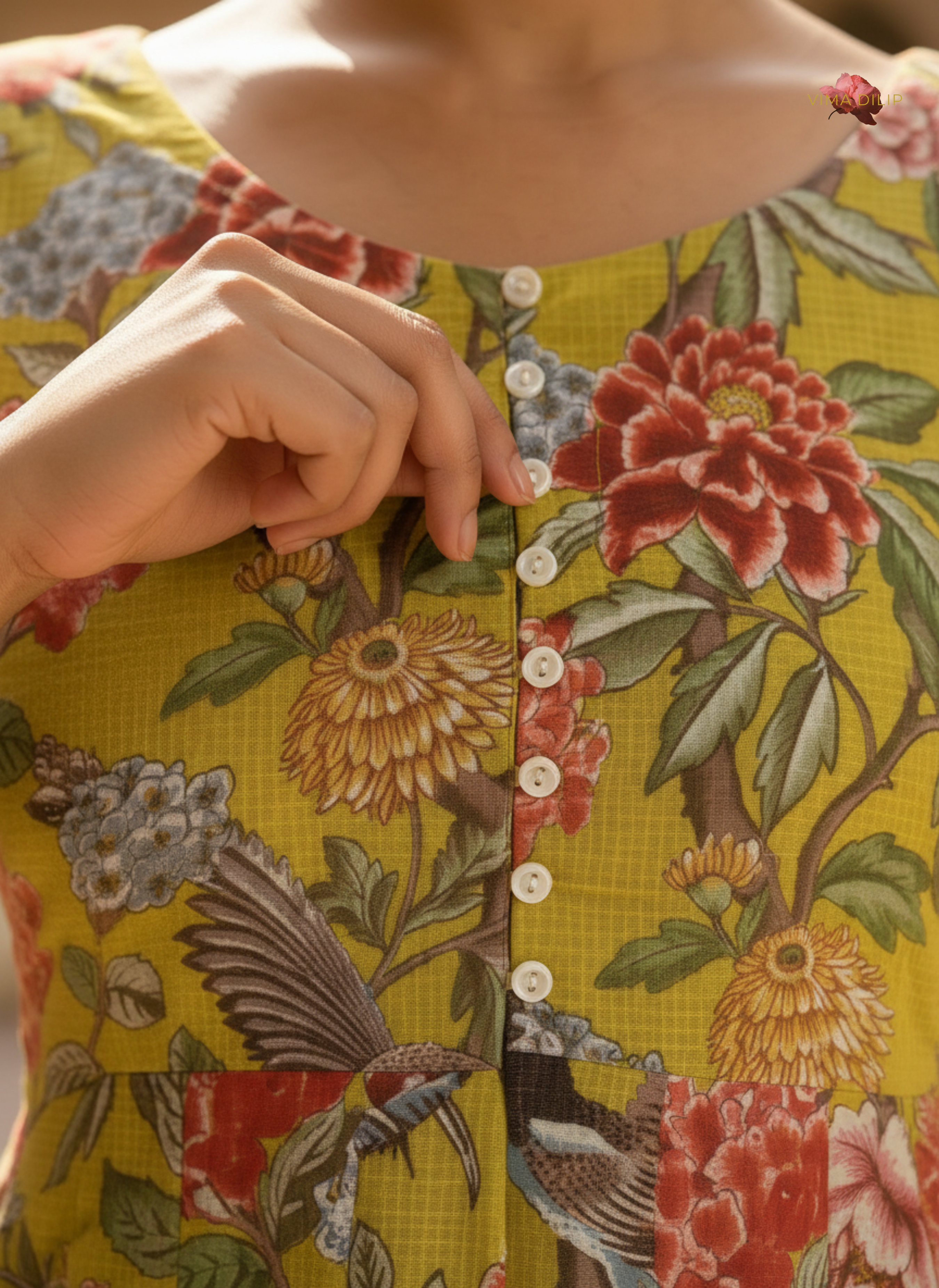 Mustard Floral Cotton Kota Dress with Kallies