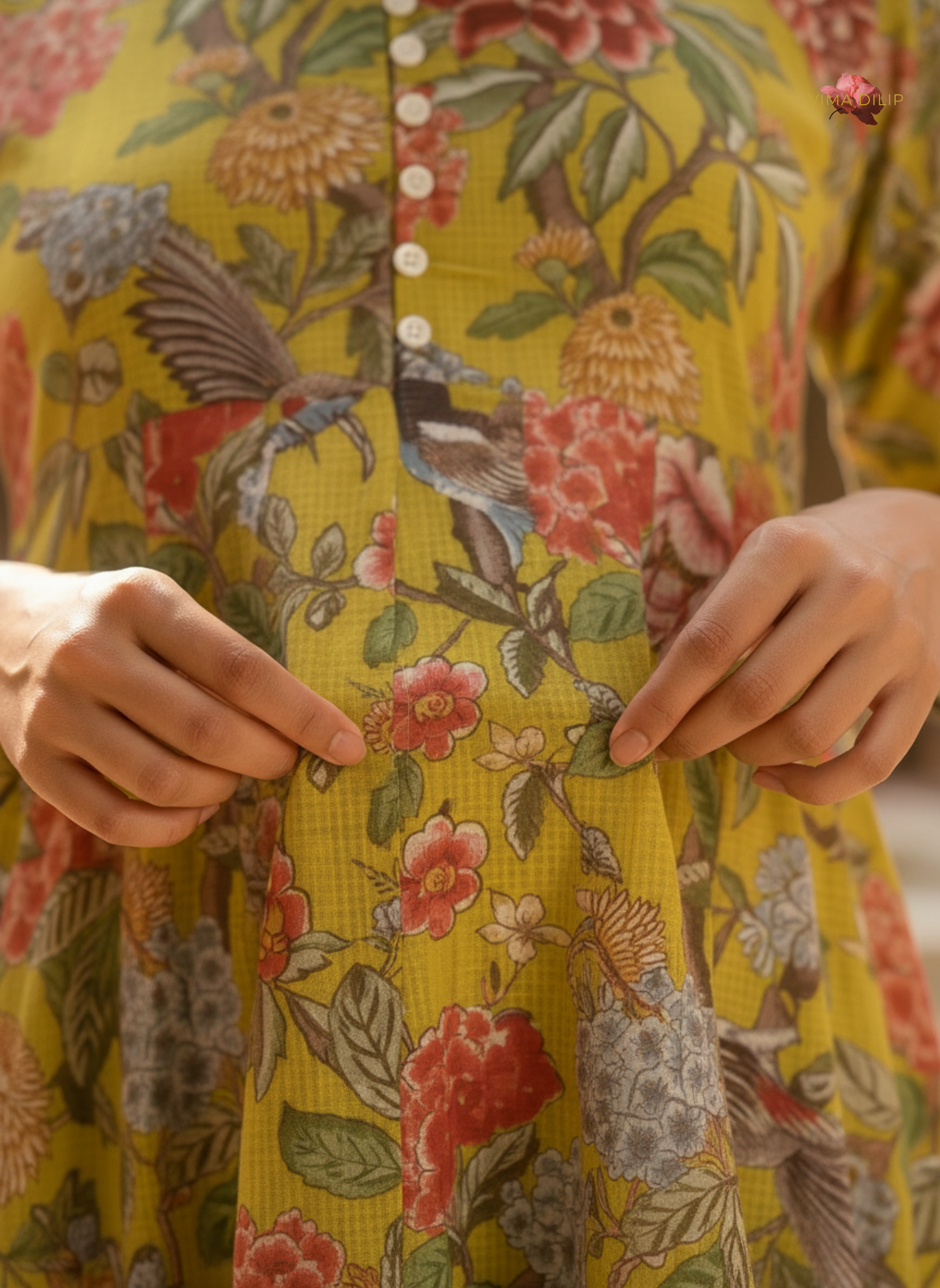 Mustard Floral Cotton Kota Dress with Kallies