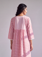 Pink Gingham Floral Embroidered Midi Dress