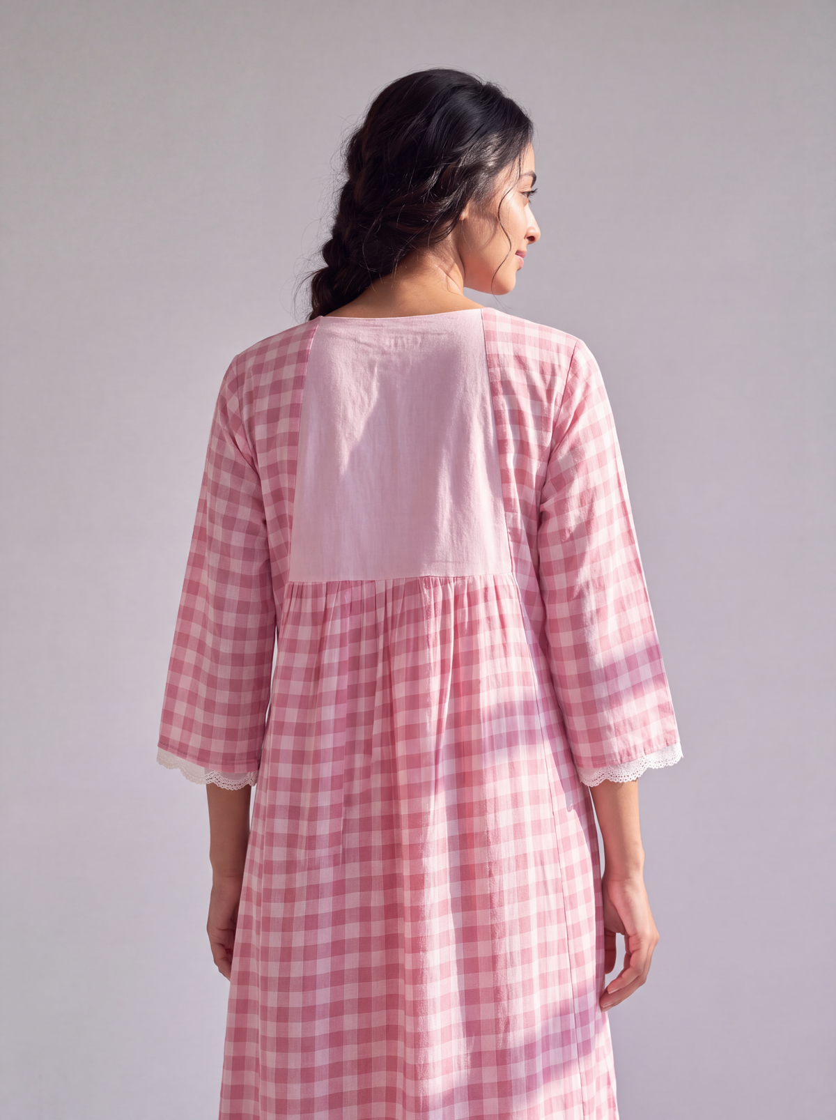 Pink Gingham Floral Embroidered Midi Dress