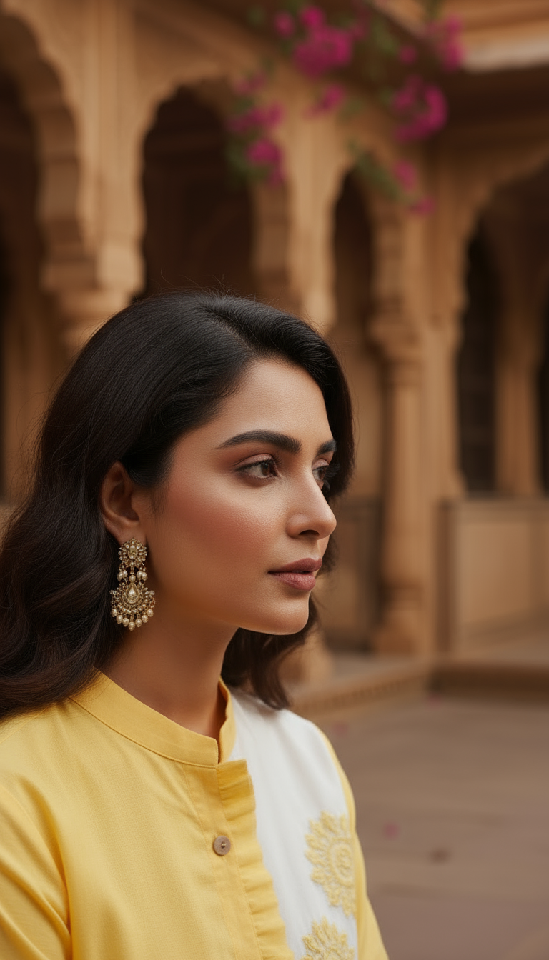 Yellow & White Dual-Tone Embroidered A-Line Kurti