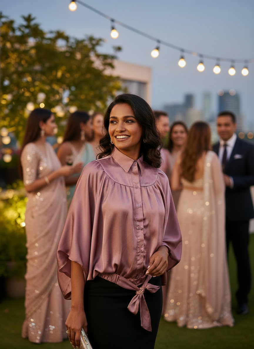 Mauve Satin Kaftan-Style with Tie-Up Detail