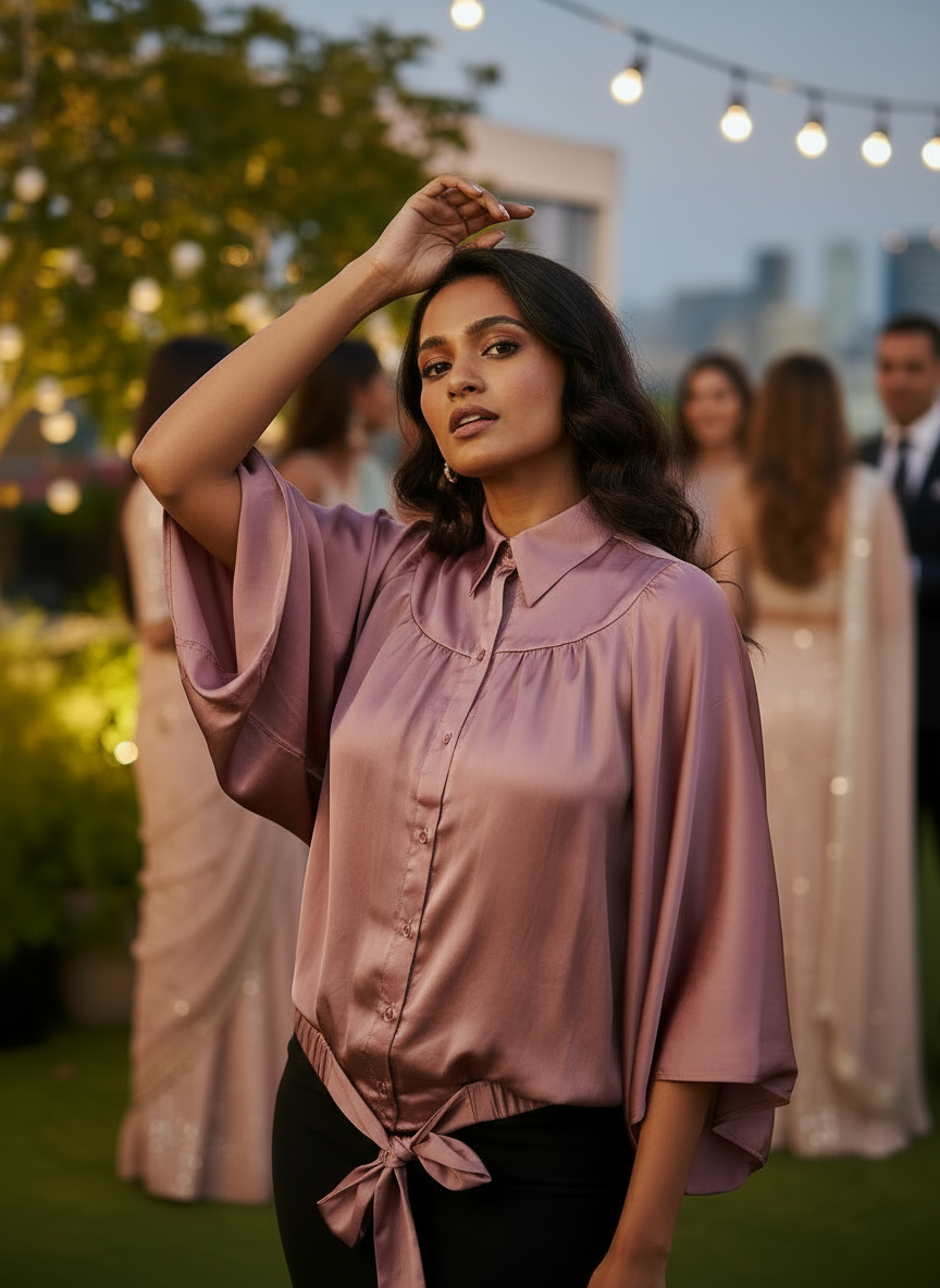 Mauve Satin Kaftan-Style with Tie-Up Detail