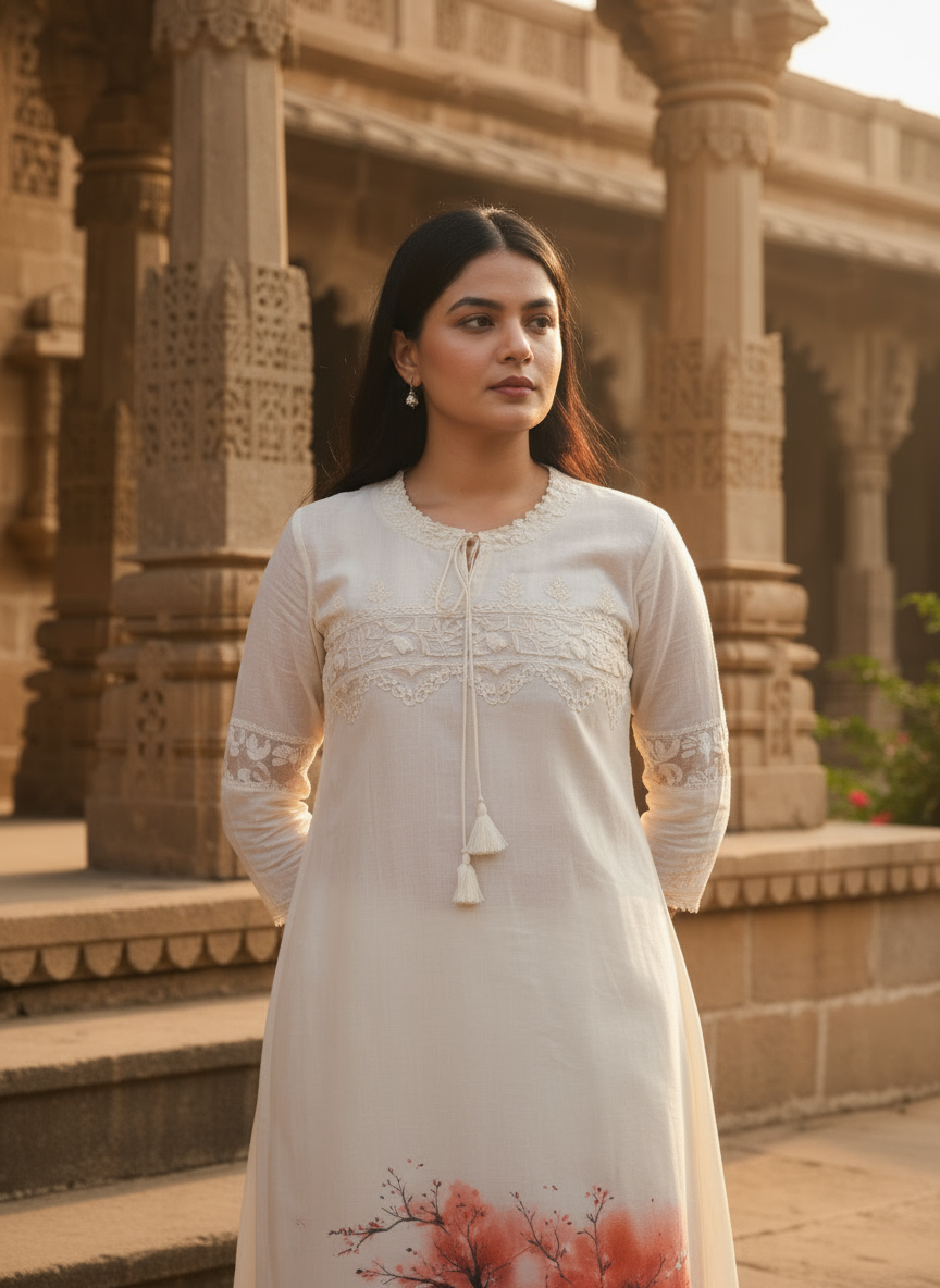 Off-White Hand-Painted Kurta Set