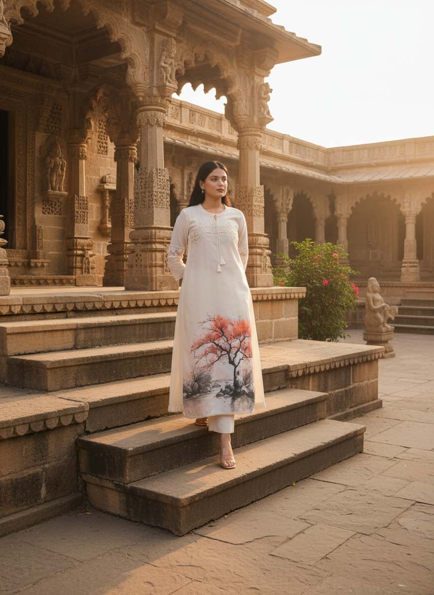 Off-White Hand-Painted Kurta Set